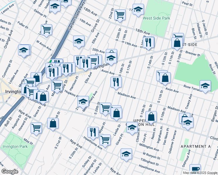 map of restaurants, bars, coffee shops, grocery stores, and more near 853 South 18th Street in Newark