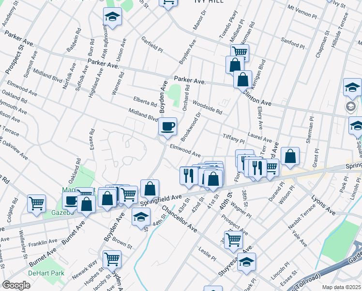 map of restaurants, bars, coffee shops, grocery stores, and more near 277B Elmwood Avenue in Maplewood