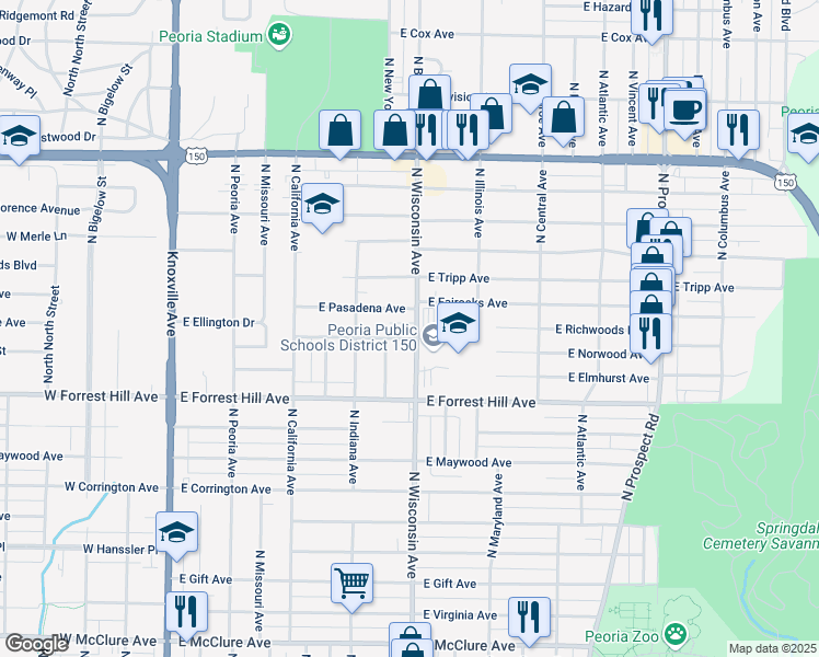 map of restaurants, bars, coffee shops, grocery stores, and more near 600-698 East Lawndale Avenue in Peoria