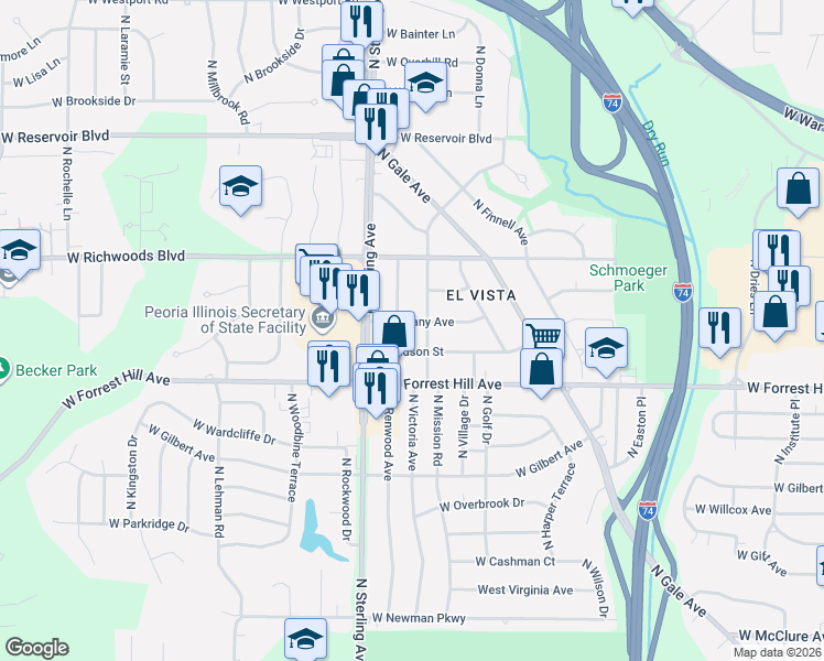 map of restaurants, bars, coffee shops, grocery stores, and more near 3200-3218 North Leroy Avenue in Peoria