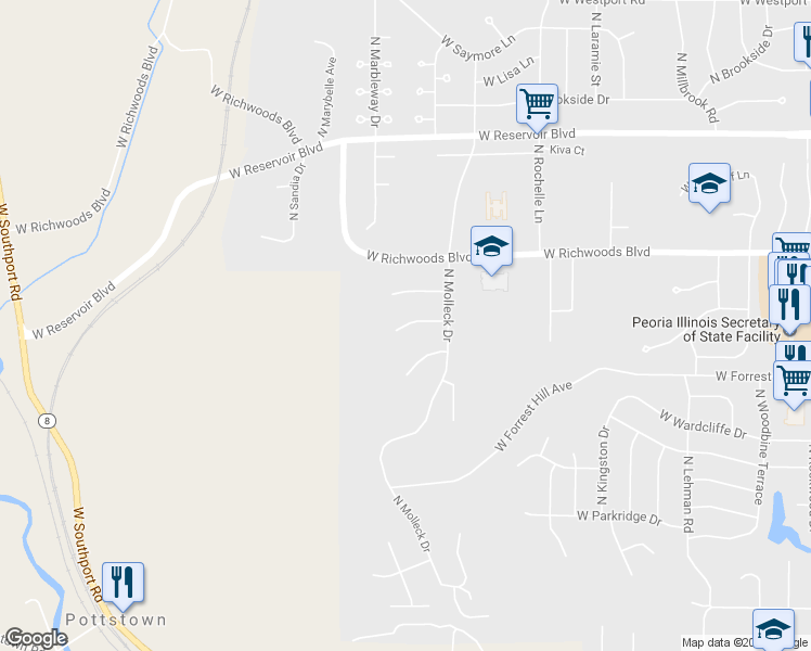 map of restaurants, bars, coffee shops, grocery stores, and more near 3428 Dorchester Ridge in Peoria