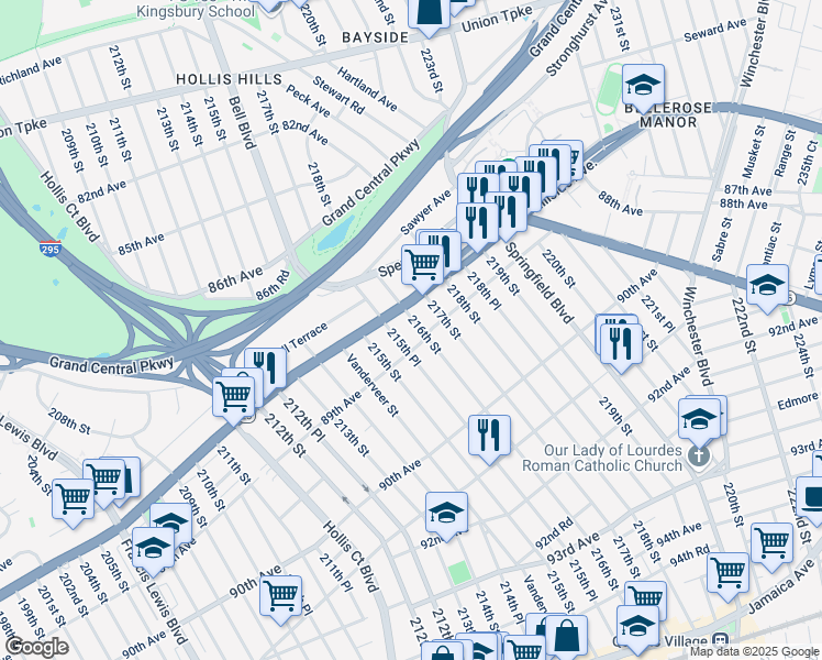 map of restaurants, bars, coffee shops, grocery stores, and more near 89-06 216th Street in Queens