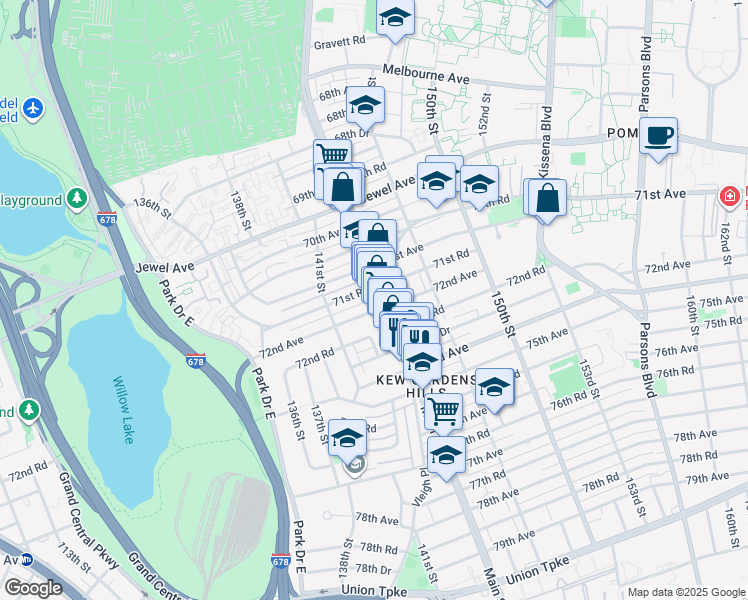 map of restaurants, bars, coffee shops, grocery stores, and more near 141-41 72nd Avenue in Queens