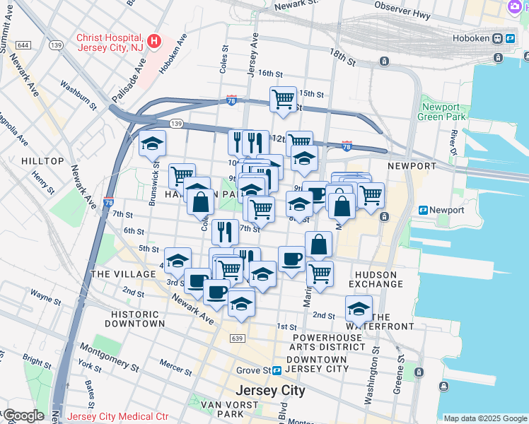 map of restaurants, bars, coffee shops, grocery stores, and more near 136 Erie Street in Jersey City