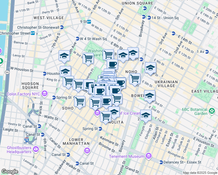 map of restaurants, bars, coffee shops, grocery stores, and more near 208 Mercer Street in New York