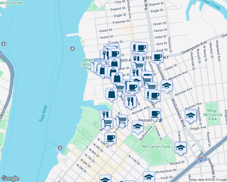 map of restaurants, bars, coffee shops, grocery stores, and more near 61 Franklin Street in Brooklyn