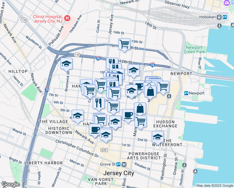 map of restaurants, bars, coffee shops, grocery stores, and more near 223 Pavonia Avenue in Jersey City