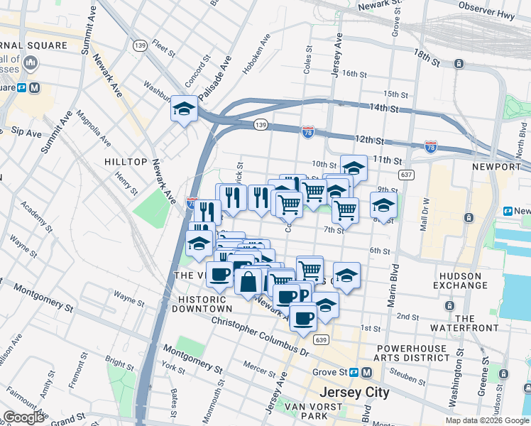 map of restaurants, bars, coffee shops, grocery stores, and more near 463 Monmouth Street in Jersey City
