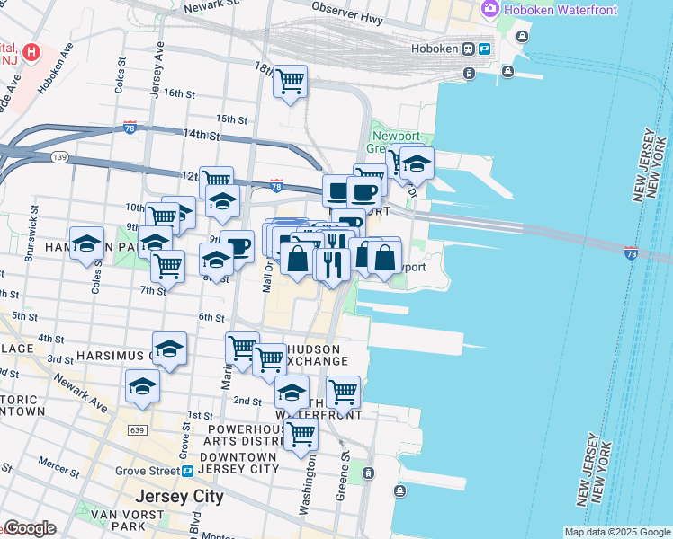 map of restaurants, bars, coffee shops, grocery stores, and more near 525 Washington Boulevard in Jersey City