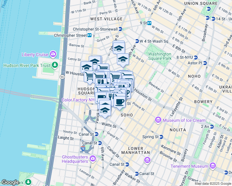 map of restaurants, bars, coffee shops, grocery stores, and more near 2 Charlton Street in New York