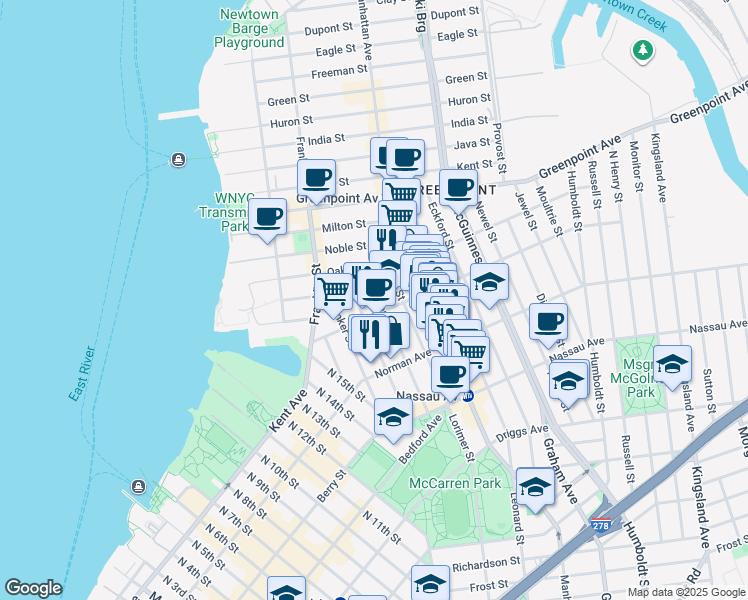 map of restaurants, bars, coffee shops, grocery stores, and more near 73 Meserole Avenue in Brooklyn