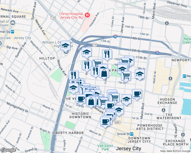 map of restaurants, bars, coffee shops, grocery stores, and more near 463 Monmouth Street in Jersey City