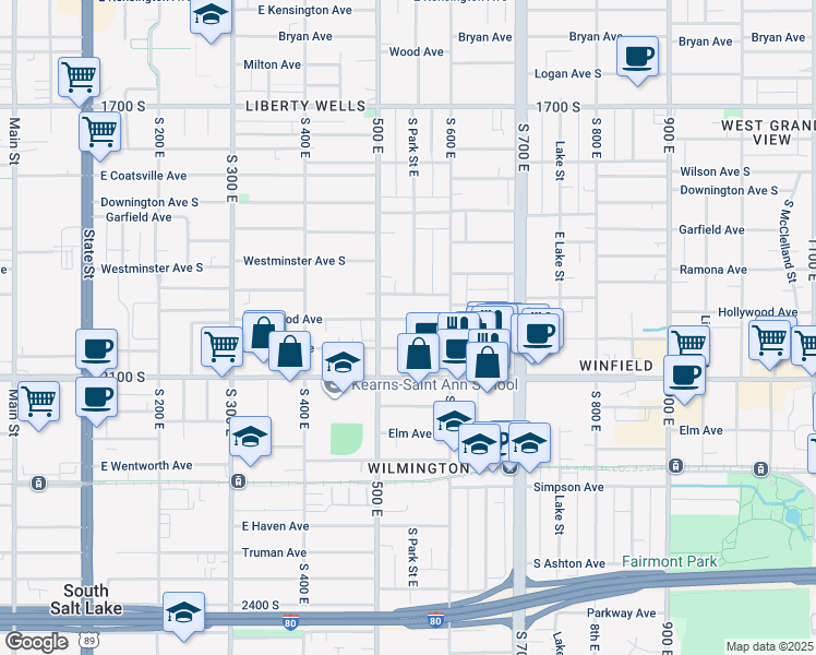 map of restaurants, bars, coffee shops, grocery stores, and more near 536 East Hollywood Avenue in Salt Lake City