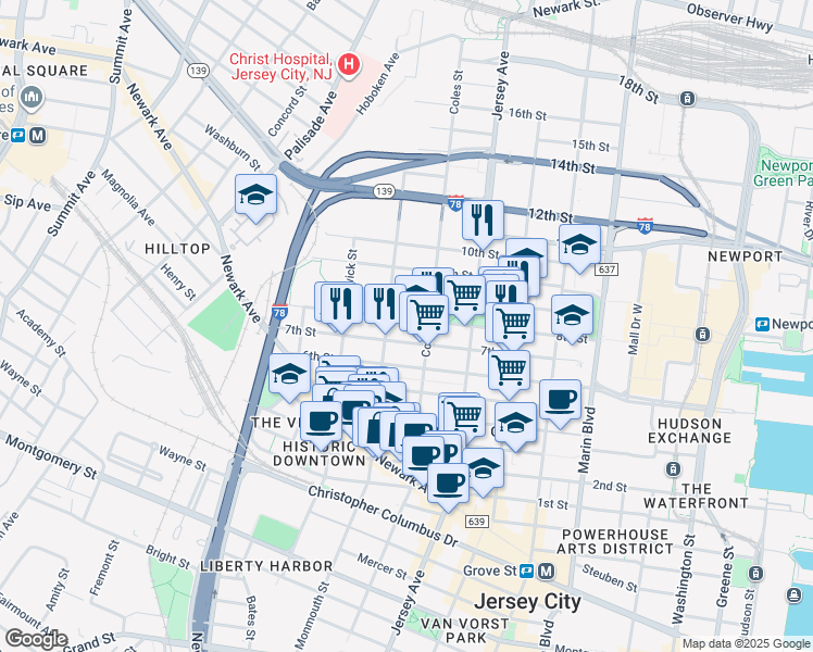 map of restaurants, bars, coffee shops, grocery stores, and more near 299 7th Street in Jersey City