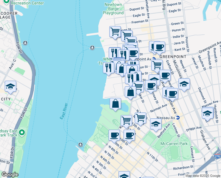 map of restaurants, bars, coffee shops, grocery stores, and more near 26 Oak Street in Brooklyn