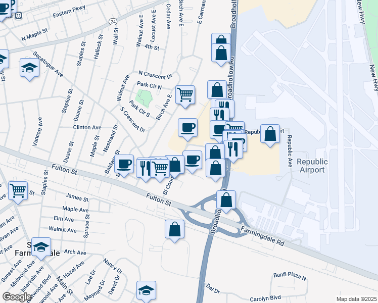 map of restaurants, bars, coffee shops, grocery stores, and more near 15 Michael Avenue in Farmingdale