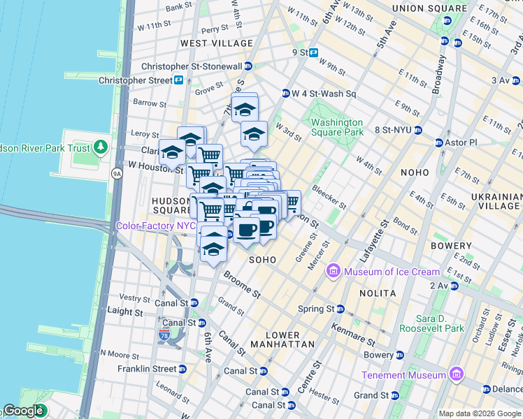 map of restaurants, bars, coffee shops, grocery stores, and more near 139 Sullivan Street in New York