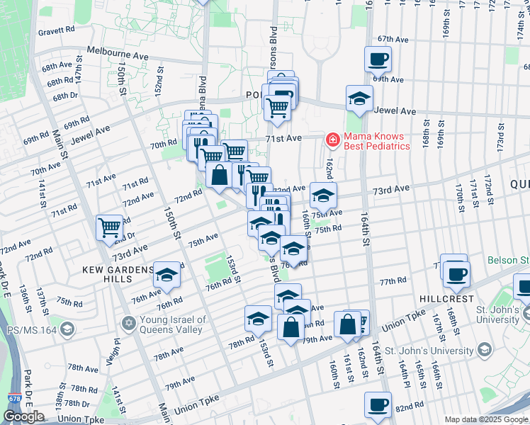 map of restaurants, bars, coffee shops, grocery stores, and more near 75-01 Parsons Boulevard in Queens