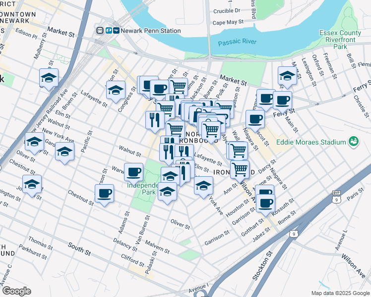 map of restaurants, bars, coffee shops, grocery stores, and more near 339 Lafayette Street in Newark