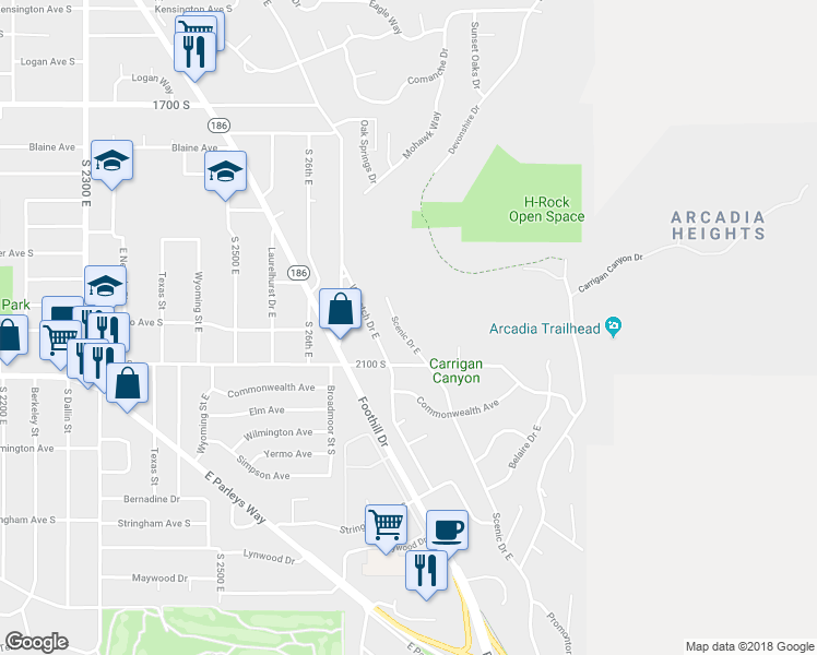 map of restaurants, bars, coffee shops, grocery stores, and more near 1985 Scenic Drive East in Salt Lake City