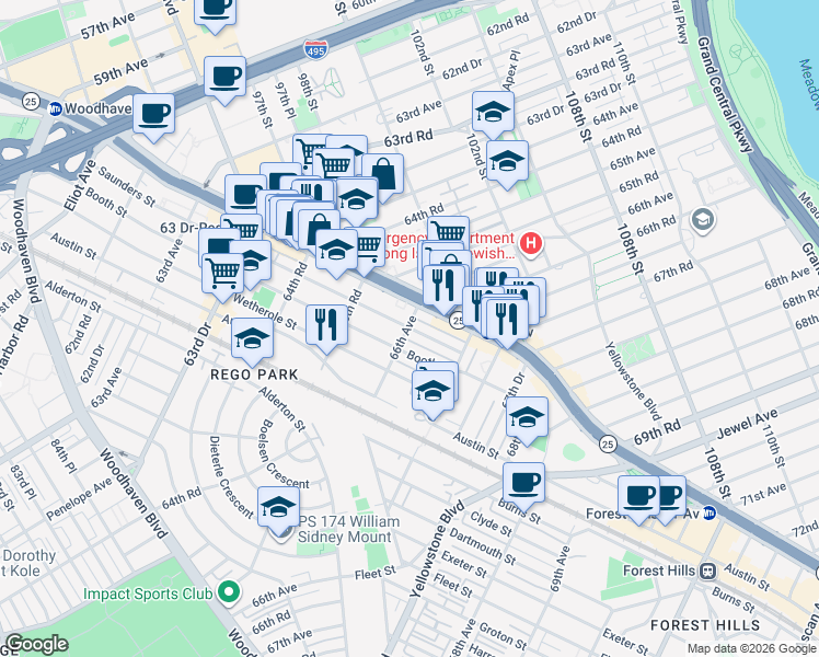 map of restaurants, bars, coffee shops, grocery stores, and more near 9609 66th Avenue in Queens