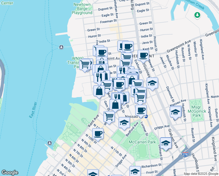 map of restaurants, bars, coffee shops, grocery stores, and more near 117 Dobbin Street in Brooklyn