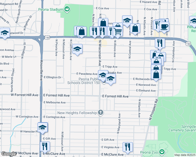 map of restaurants, bars, coffee shops, grocery stores, and more near 600-698 East Lawndale Avenue in Peoria