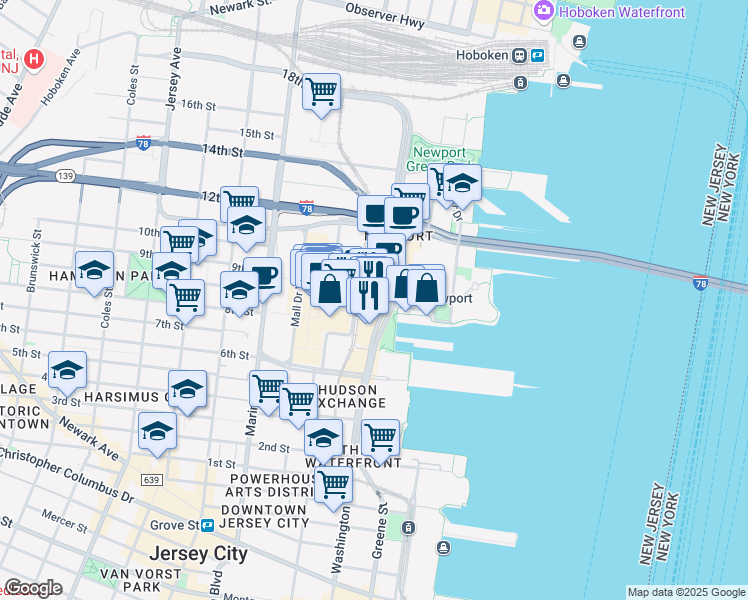 map of restaurants, bars, coffee shops, grocery stores, and more near in Jersey City