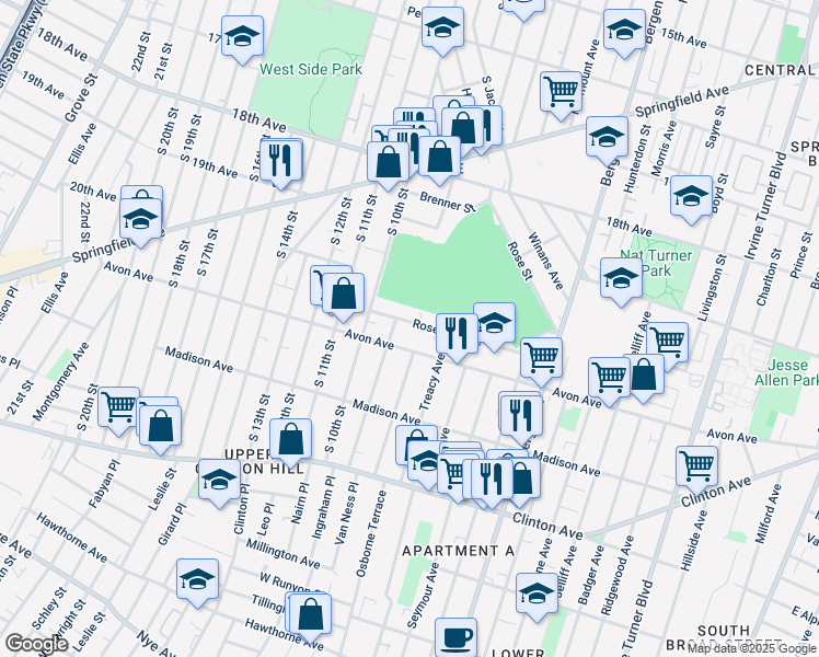 map of restaurants, bars, coffee shops, grocery stores, and more near 96 Rose Terrace in Newark