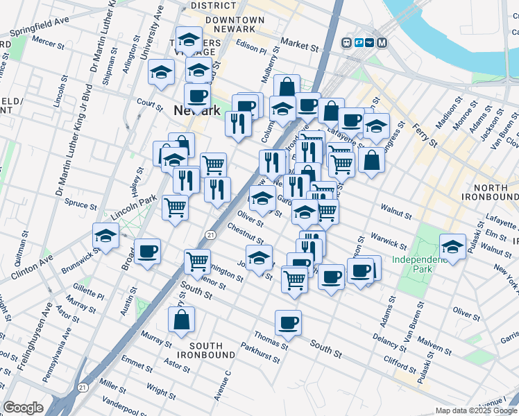 map of restaurants, bars, coffee shops, grocery stores, and more near 56 Oliver Street in Newark