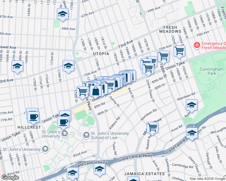 map of restaurants, bars, coffee shops, grocery stores, and more near Union Turnpike & 180th St in Queens