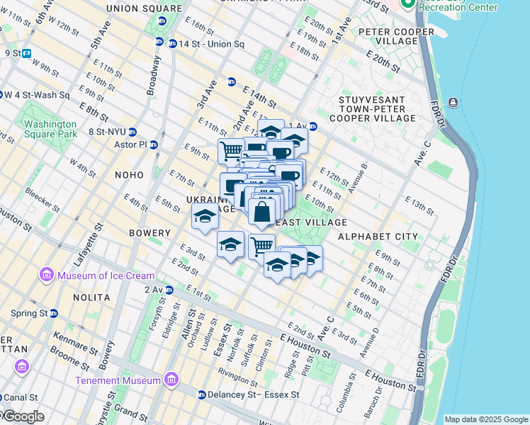 map of restaurants, bars, coffee shops, grocery stores, and more near 113 East 7th Street in New York