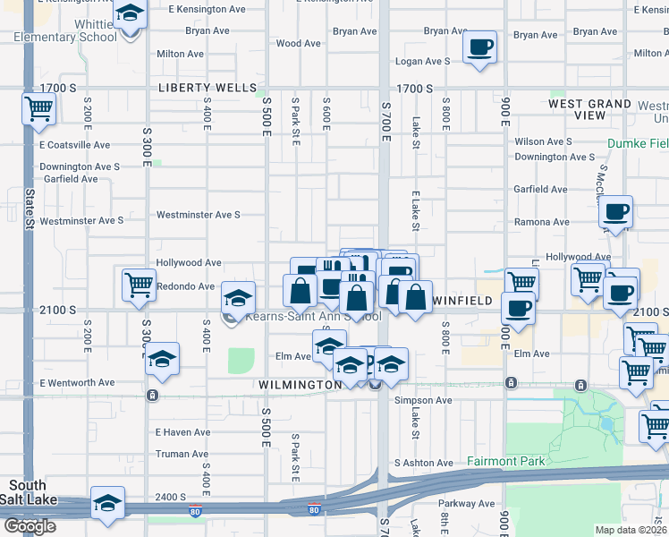 map of restaurants, bars, coffee shops, grocery stores, and more near 628 Redondo Avenue in Salt Lake City