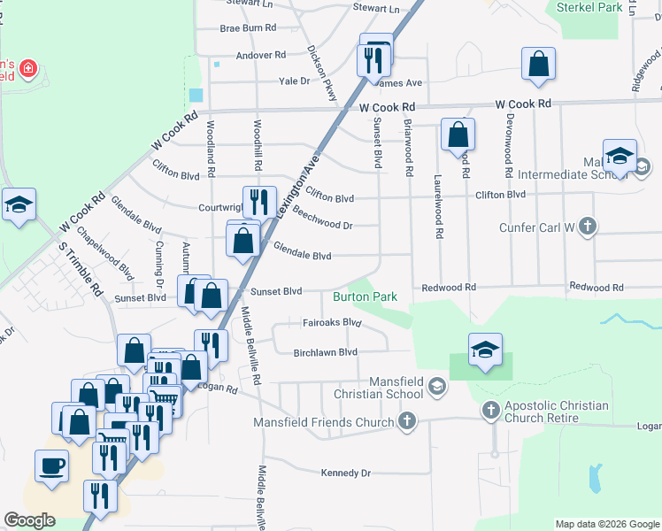 map of restaurants, bars, coffee shops, grocery stores, and more near 540 Sunset Boulevard in Mansfield