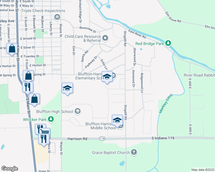 map of restaurants, bars, coffee shops, grocery stores, and more near 1100 East Spring Street in Bluffton