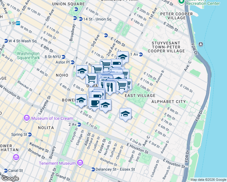 map of restaurants, bars, coffee shops, grocery stores, and more near 117 1st Avenue in New York