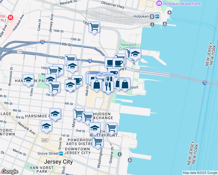 map of restaurants, bars, coffee shops, grocery stores, and more near 525 Washington Boulevard in Jersey City