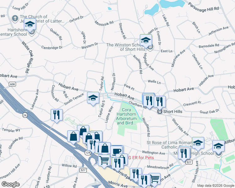 map of restaurants, bars, coffee shops, grocery stores, and more near Hobart Avenue in Millburn
