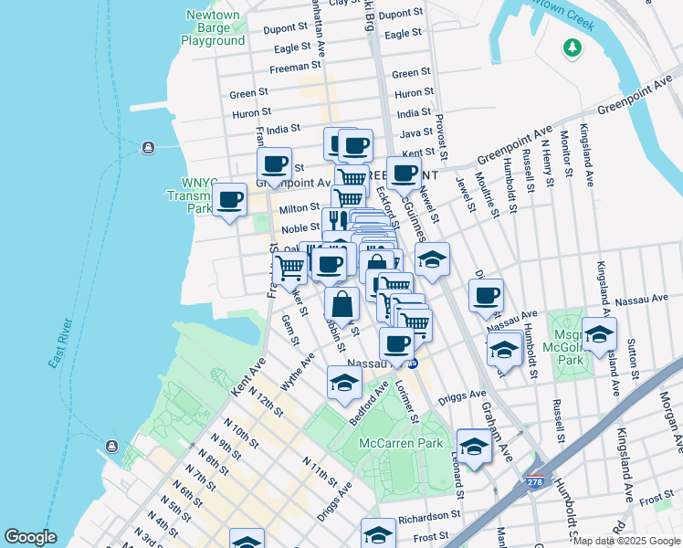 map of restaurants, bars, coffee shops, grocery stores, and more near 75 Meserole Avenue in Brooklyn