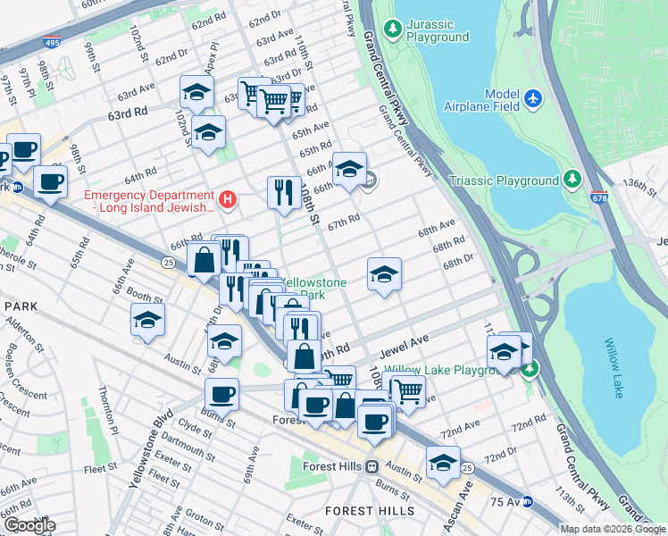 map of restaurants, bars, coffee shops, grocery stores, and more near 68-10 108th Street in Queens