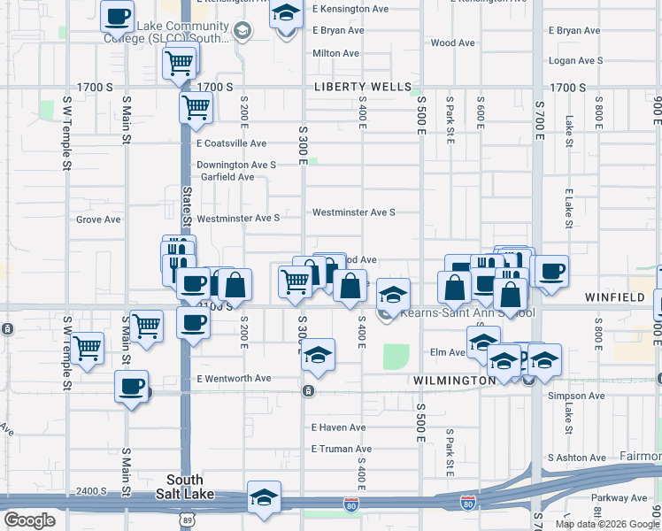 map of restaurants, bars, coffee shops, grocery stores, and more near 342 Hollywood Avenue in Salt Lake City