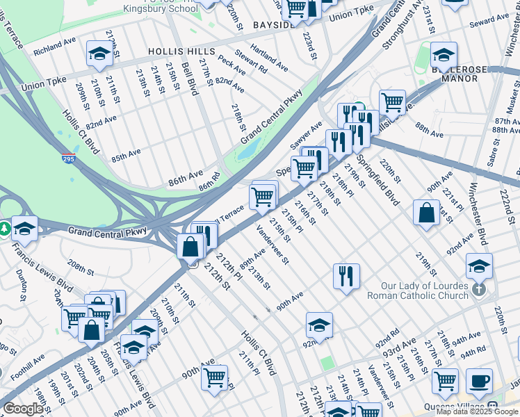 map of restaurants, bars, coffee shops, grocery stores, and more near 21436 Hillside Avenue in Queens