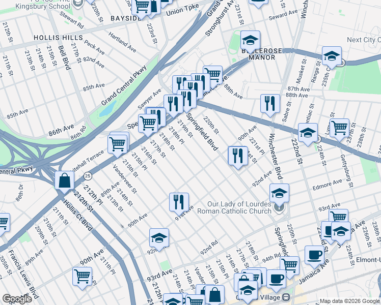 map of restaurants, bars, coffee shops, grocery stores, and more near 89-61 218th Street in Queens