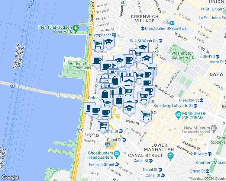 map of restaurants, bars, coffee shops, grocery stores, and more near 330 Hudson Street in New York