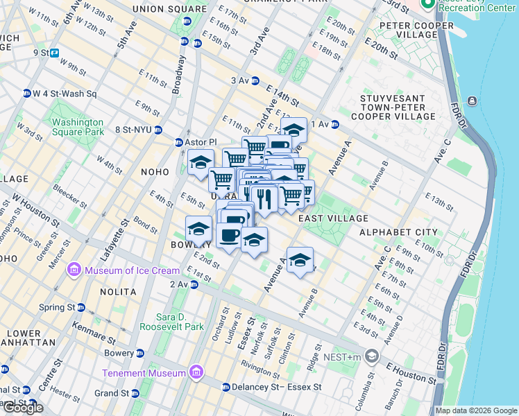 map of restaurants, bars, coffee shops, grocery stores, and more near 111 1st Avenue in New York