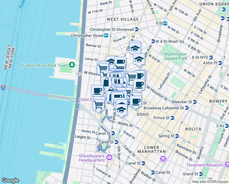 map of restaurants, bars, coffee shops, grocery stores, and more near 233 Spring Street in New York