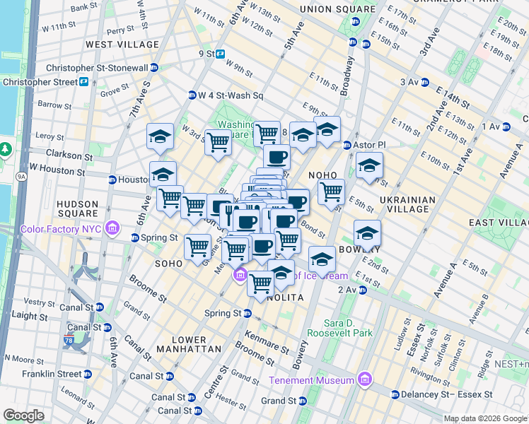 map of restaurants, bars, coffee shops, grocery stores, and more near 77 Bleecker Street in New York