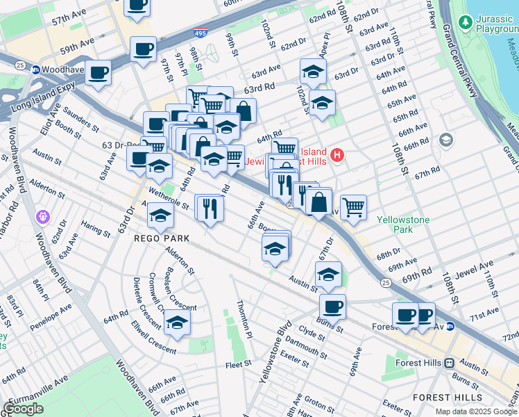 map of restaurants, bars, coffee shops, grocery stores, and more near Saunders Street & 66th Avenue in Queens