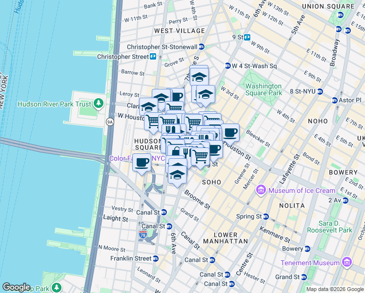 map of restaurants, bars, coffee shops, grocery stores, and more near 30 Charlton Street in New York