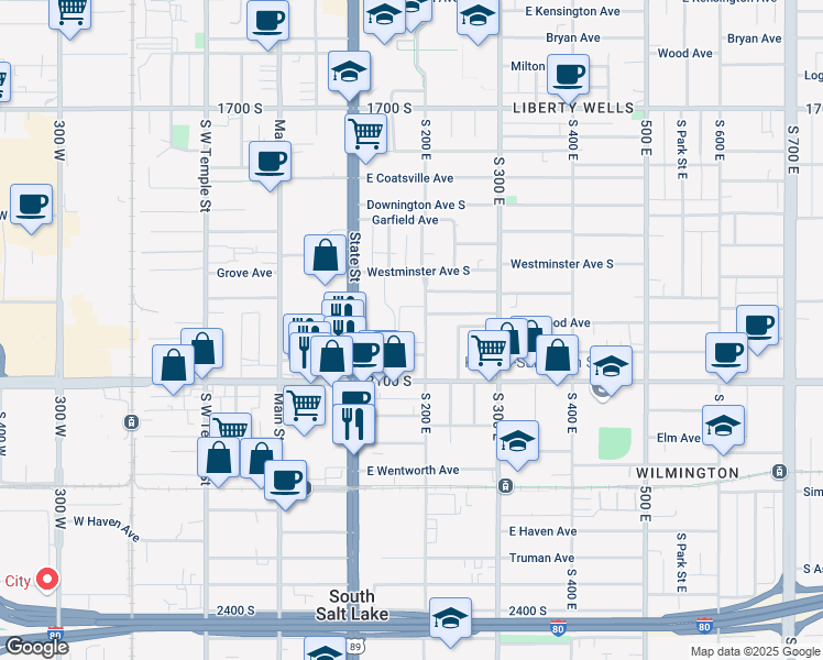 map of restaurants, bars, coffee shops, grocery stores, and more near 1992 South 200 East in Salt Lake City